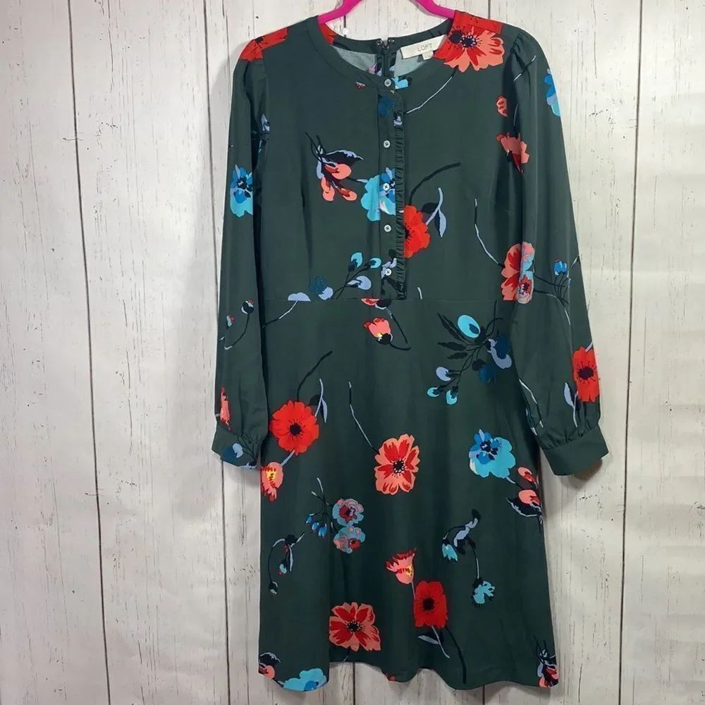 Loft Green Floral Cottagecore Dress Long Sleeve A Line Romantic Feminine